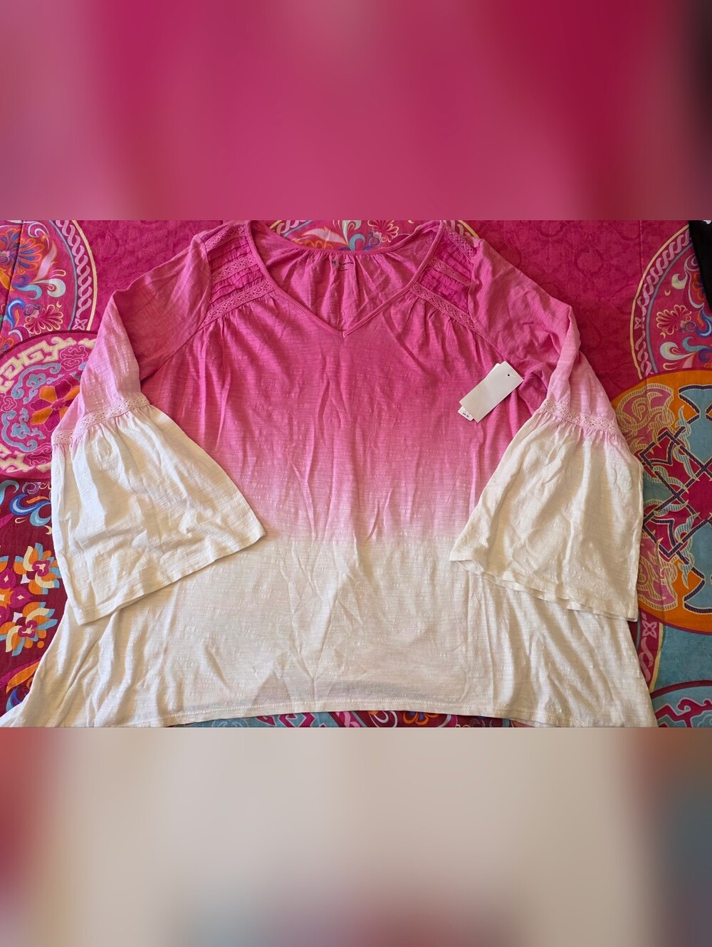 NWT Pink to White BOHO V-Neck Top With Bell Sleeves